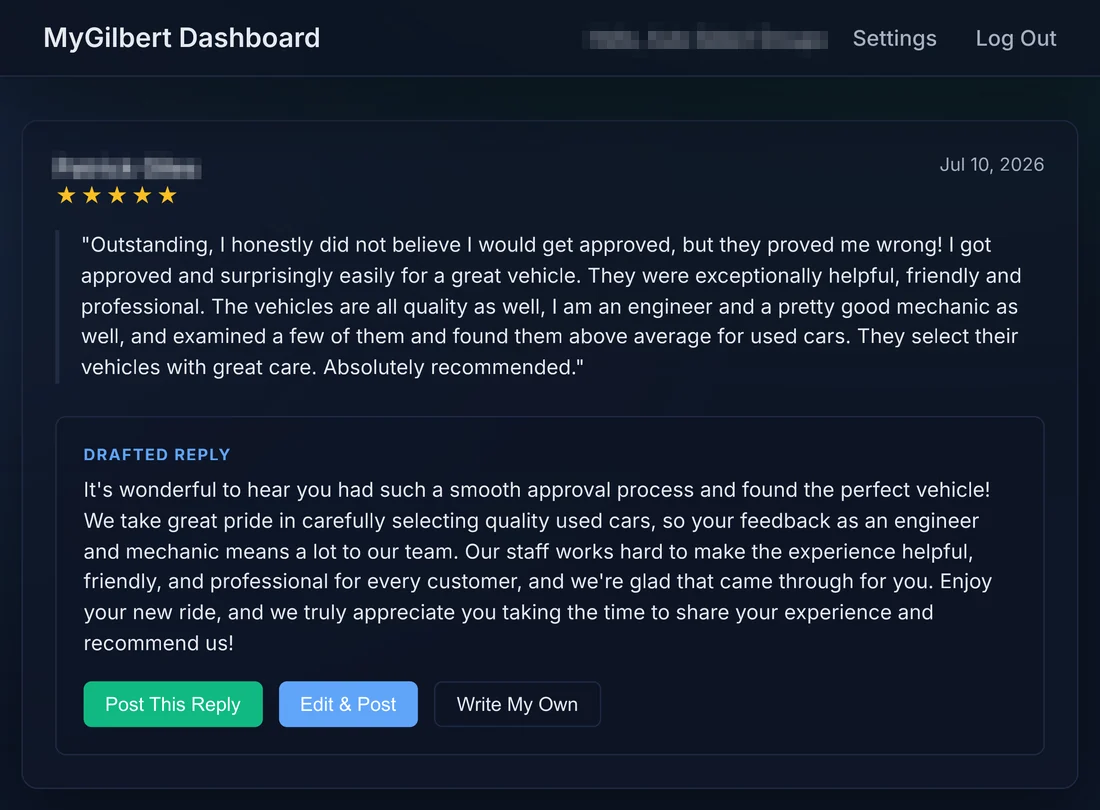 The MyGilbert dashboard showing a five-star Google review with a drafted reply and three buttons: Post This Reply, Edit and Post, and Write My Own.