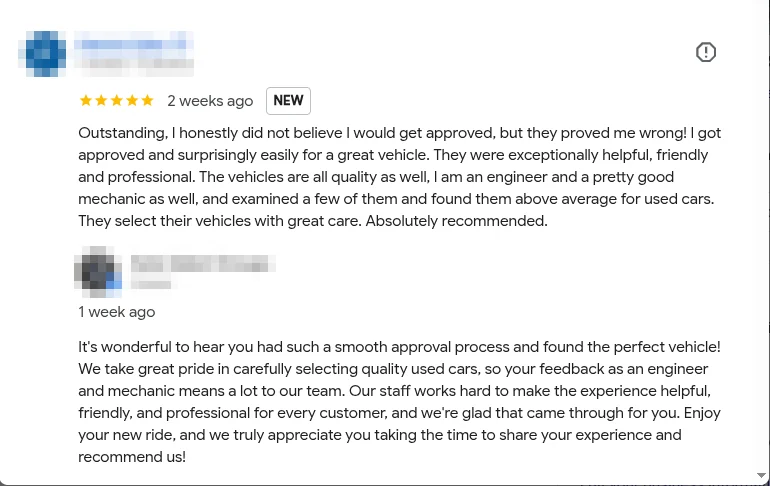 A Google Business Profile review with the owner reply posted publicly by the business.